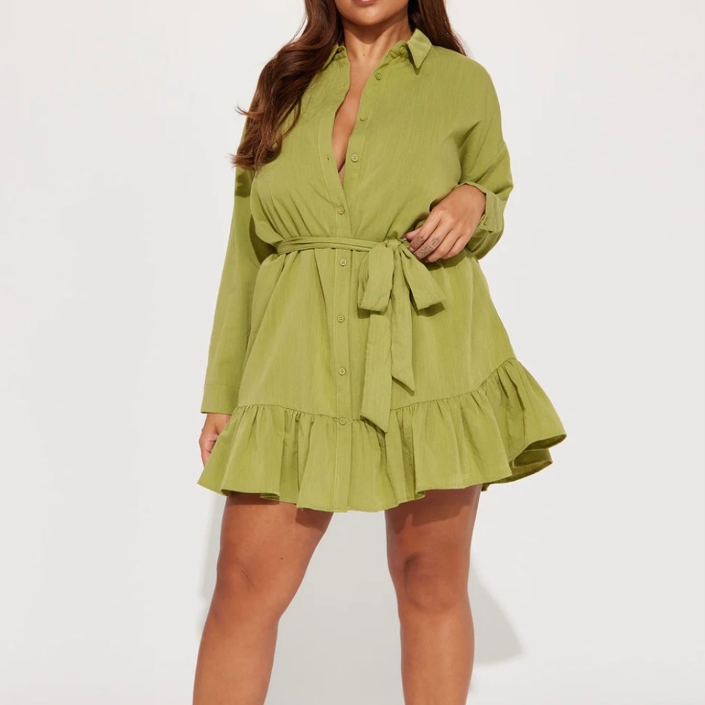 Fashion Nova Chartreuse Ruffled Button-Up Mini Dress with Waist Tie NWT